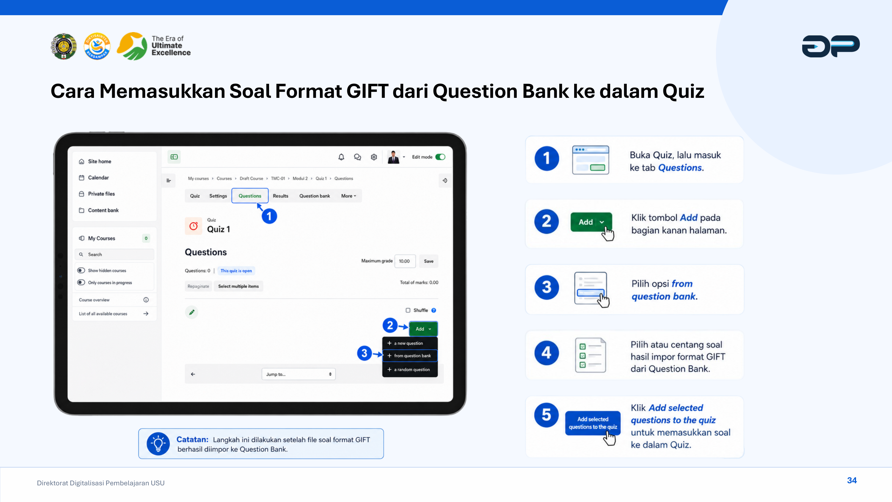 Antarmuka Moodle: Menu Impor Question Bank dengan GIFT Format