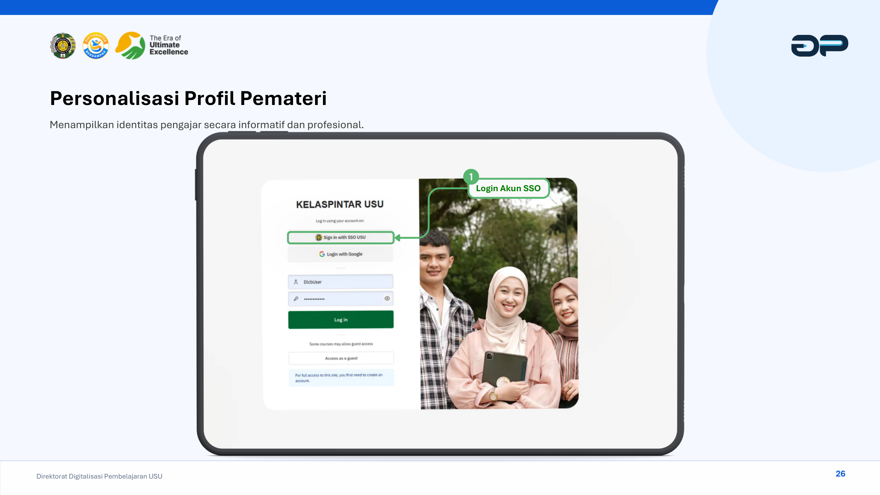 Antarmuka Login SSO Portal kelaspintar.usu.ac.id