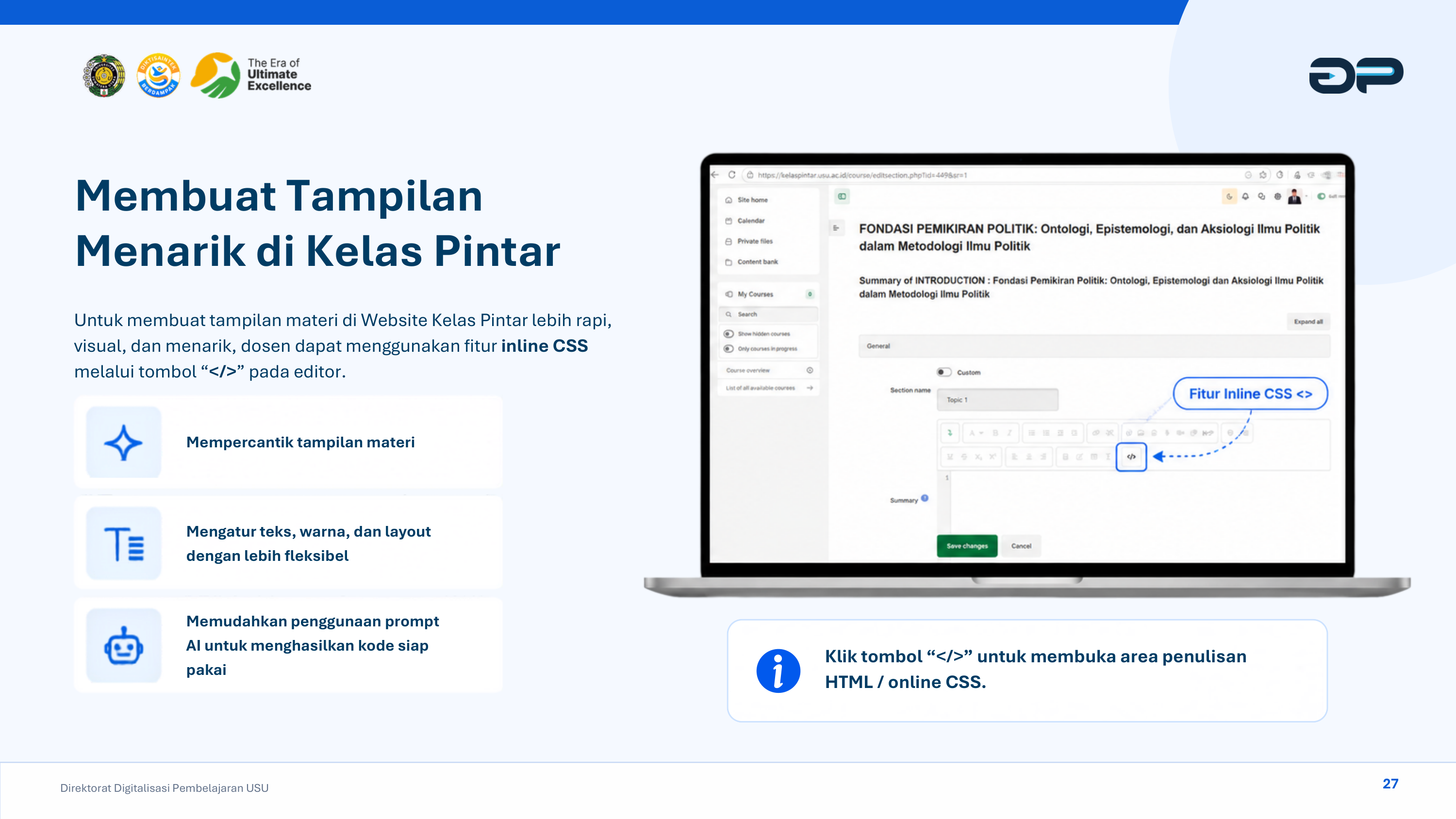 Antarmuka Editor: Tombol HTML Source Code '</>' untuk Membuka Area Inline CSS
