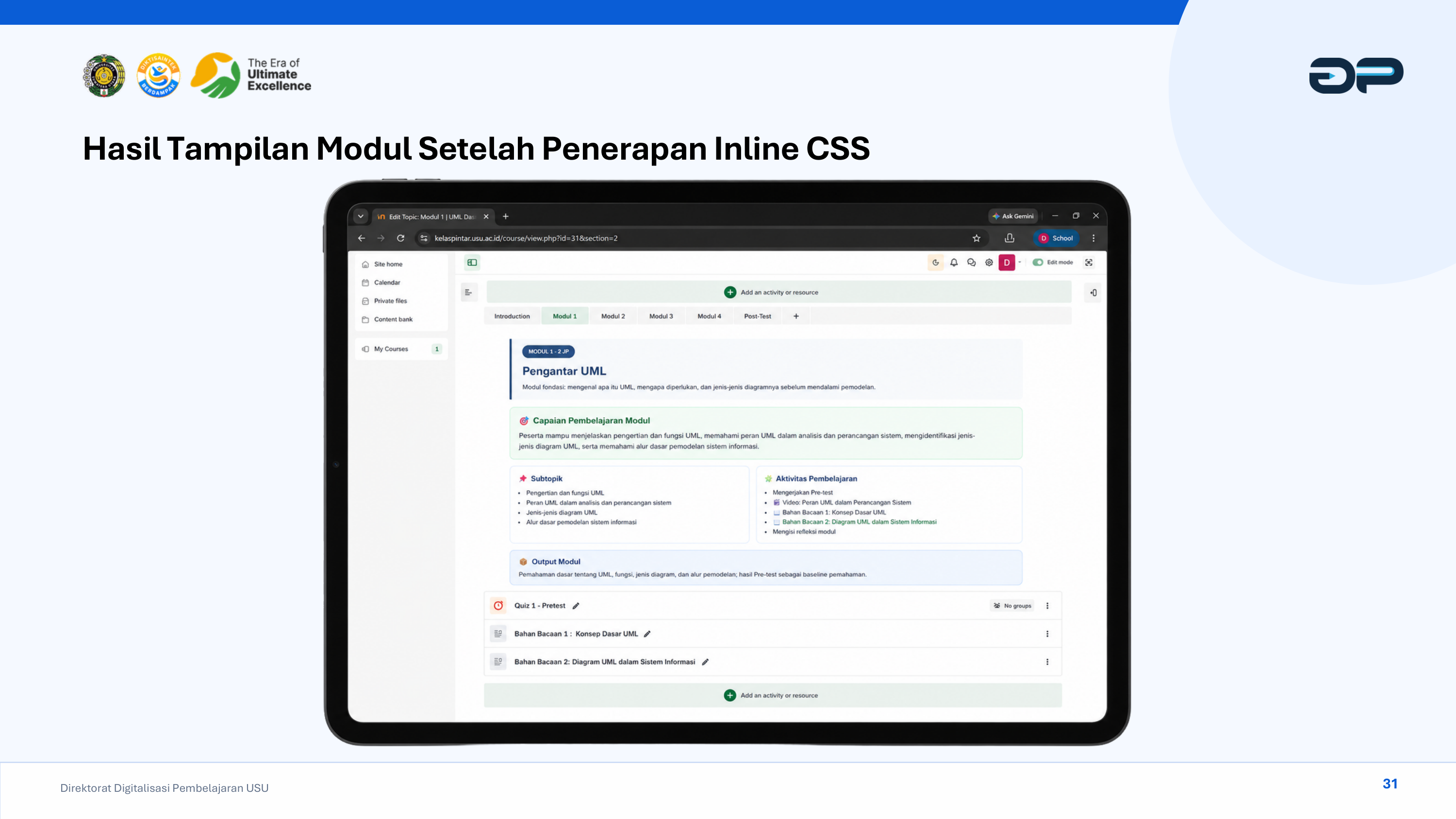 Contoh Nyata di Moodle: Tampilan Seksi Modul 1 (Pengantar UML) di Kelas Pintar